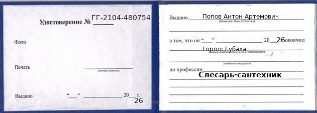 Образец удостоверения слесаря-сантехника в Губахе с печатью и подписью