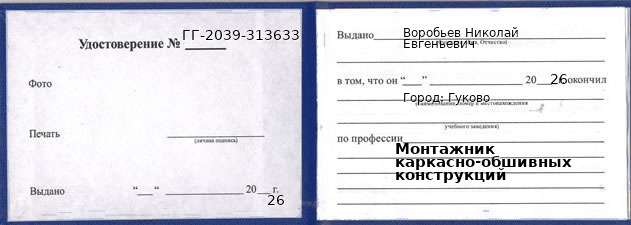 Образец удостоверения монтажника каркасно-обшивных конструкций в Гукове с печатью и подписью