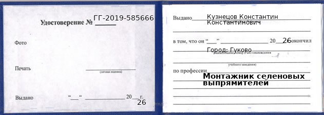 Образец удостоверения монтажника селеновых выпрямителей в Гукове с печатью и подписью