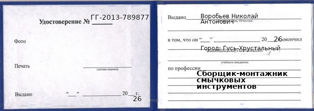 Образец удостоверения сборщика-монтажника смычковых инструментов в Гусь-Хрустальном с печатью и подписью