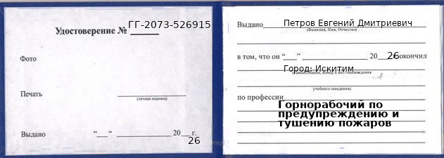 Образец удостоверения горнорабочего по предупреждению и тушению пожаров в Искитиме с печатью и подписью