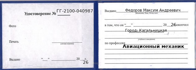Образец удостоверения авиационного механика в Кагальницкой с печатью и подписью