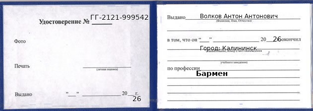 Образец удостоверения бармена в Калининске с печатью и подписью