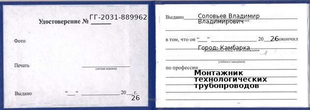 Образец удостоверения монтажника технологических трубопроводов в Камбарке с печатью и подписью