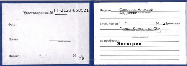 Образец удостоверения электрика в Камне-на-Оби с печатью и подписью