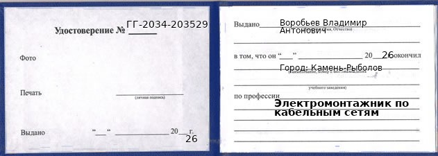 Образец удостоверения электромонтажника по кабельным сетям в Камне-Рыболове с печатью и подписью