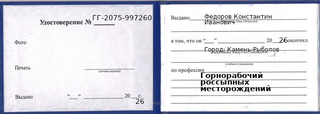 Образец удостоверения горнорабочего россыпных месторождений в Камне-Рыболове с печатью и подписью
