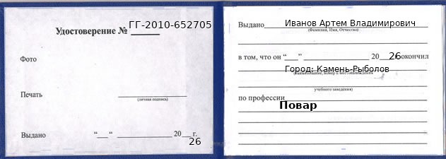 Образец удостоверения повара в Камне-Рыболове с печатью и подписью