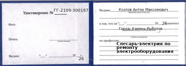 Образец удостоверения слесаря-электрика по ремонту электрооборудования в Камне-Рыболове с печатью и подписью