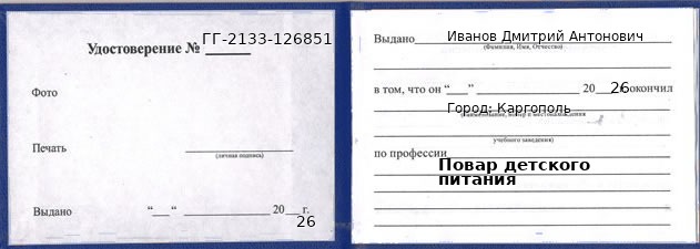 Образец удостоверения повара детского питания в Каргополе с печатью и подписью