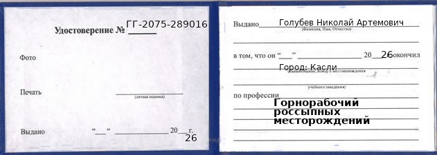 Образец удостоверения горнорабочего россыпных месторождений в Касли с печатью и подписью