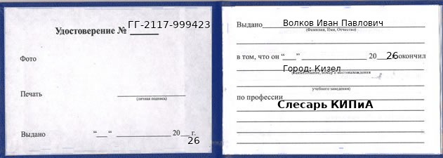 Образец удостоверения слесаря КИПиА в Кизеле с печатью и подписью