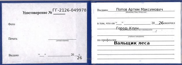 Образец удостоверения вальщика леса в Клине с печатью и подписью