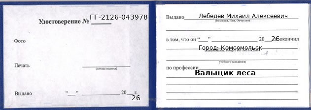 Образец удостоверения вальщика леса в Комсомольске с печатью и подписью