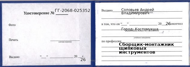Образец удостоверения сборщика-монтажника щипковых инструментов в Костомукше с печатью и подписью