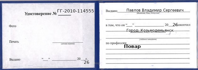 Образец удостоверения повара в Козьмодемьянске с печатью и подписью