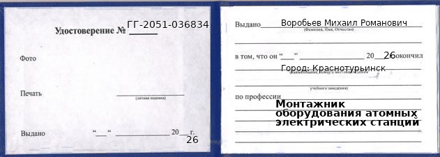 Удостоверение монтажника оборудования атомных электрических станций – образец, Краснотурьинск