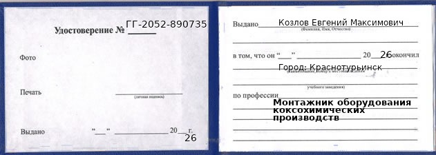 Удостоверение монтажника оборудования коксохимических производств – образец, Краснотурьинск