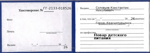 Удостоверение повара детского питания – образец, Краснотурьинск