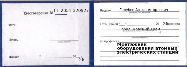 Образец удостоверения монтажника оборудования атомных электрических станций в Красном Холме с печатью и подписью