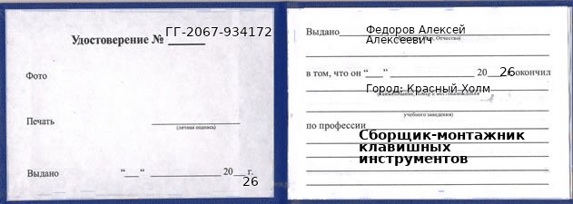 Образец удостоверения сборщика-монтажника клавишных инструментов в Красном Холме с печатью и подписью