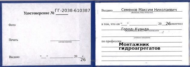 Образец удостоверения монтажника гидроагрегатов в Куанде с печатью и подписью