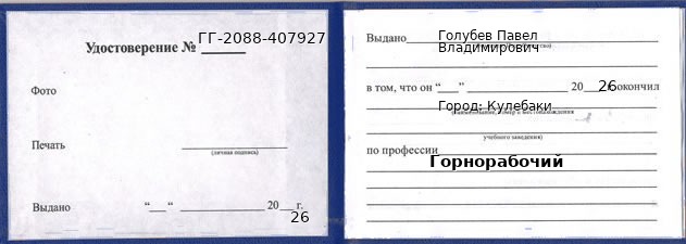Образец удостоверения горнорабочего в Кулебаках с печатью и подписью