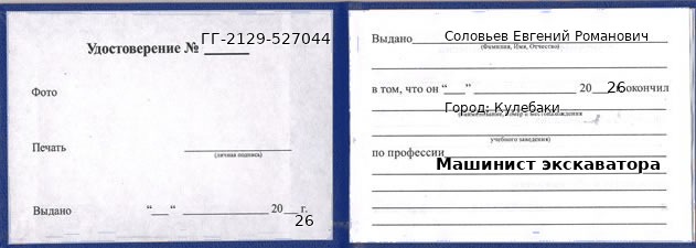 Образец удостоверения машиниста экскаватора в Кулебаках с печатью и подписью
