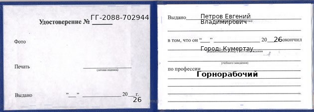 Образец удостоверения горнорабочего в Кумертау с печатью и подписью