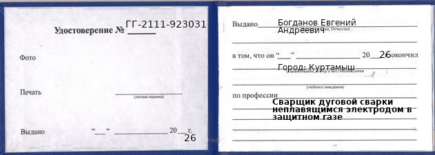 Образец удостоверения сварщика дуговой сварки неплавящимся электродом в защитном газе в Куртамыше с печатью и подписью