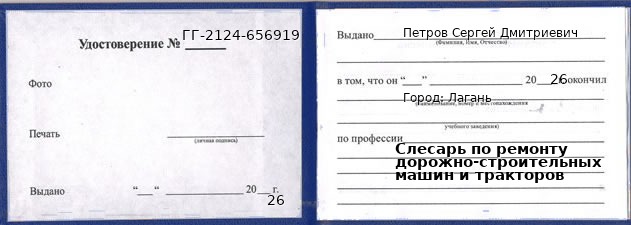 Образец удостоверения слесаря по ремонту дорожно-строительных машин и тракторов в Лагань с печатью и подписью