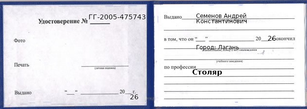 Образец удостоверения столяра в Лагань с печатью и подписью