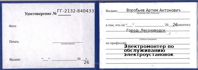 Образец удостоверения электромонтера по обслуживанию электроустановок в Лесозаводске с печатью и подписью