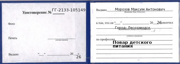 Образец удостоверения повара детского питания в Лесозаводске с печатью и подписью