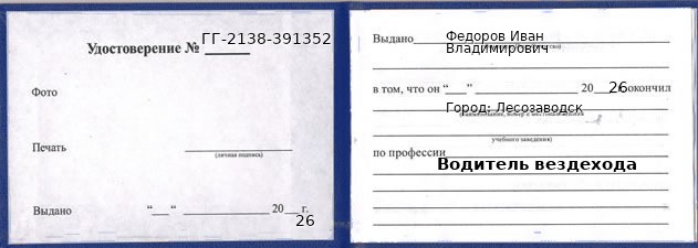 Образец удостоверения водителя вездехода в Лесозаводске с печатью и подписью