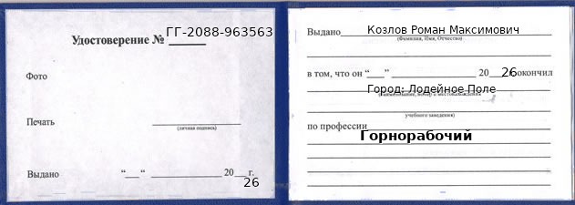 Образец удостоверения горнорабочего в Лодейном Поле с печатью и подписью
