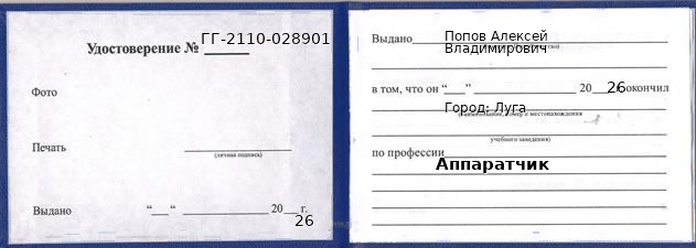 Образец удостоверения аппаратчика в Луге с печатью и подписью