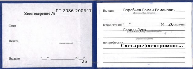 Образец удостоверения слесаря-электромонтажника в Луге с печатью и подписью