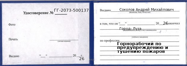 Образец удостоверения горнорабочего по предупреждению и тушению пожаров в Лузе с печатью и подписью