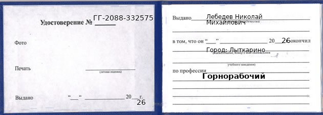 Образец удостоверения горнорабочего в Лыткарине с печатью и подписью