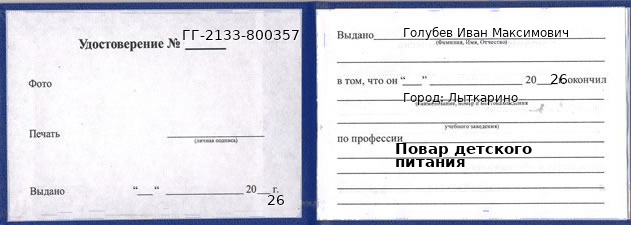 Образец удостоверения повара детского питания в Лыткарине с печатью и подписью