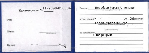 Образец удостоверения сварщика в Малой Вишере с печатью и подписью