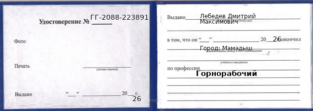 Образец удостоверения горнорабочего в Мамадыше с печатью и подписью