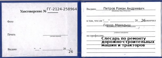 Образец удостоверения слесаря по ремонту дорожно-строительных машин и тракторов в Мамадыше с печатью и подписью