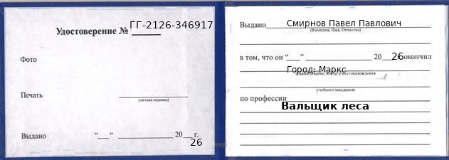 Образец удостоверения вальщика леса в Марксе с печатью и подписью