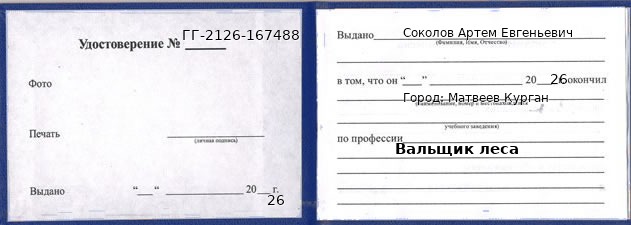 Образец удостоверения вальщика леса в Матвееве Кургане с печатью и подписью
