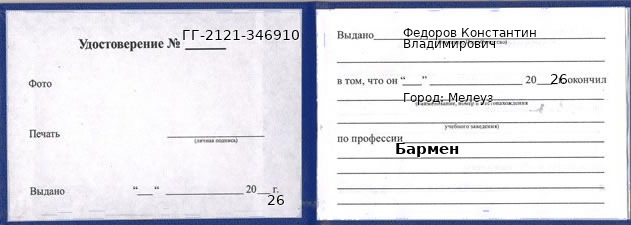 Образец удостоверения бармена в Мелеузе с печатью и подписью