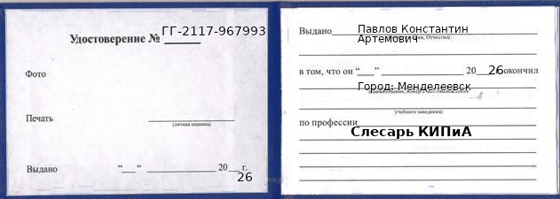 Образец удостоверения слесаря КИПиА в Менделеевске с печатью и подписью