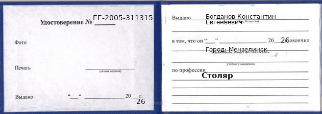 Образец удостоверения столяра в Мензелинске с печатью и подписью