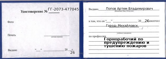 Образец удостоверения горнорабочего по предупреждению и тушению пожаров в Михайловске с печатью и подписью